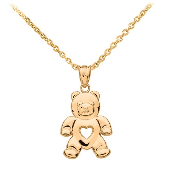 10K Solid Gold Open Heart Love Bear Pendant - Yellow, Rose, or White Gold